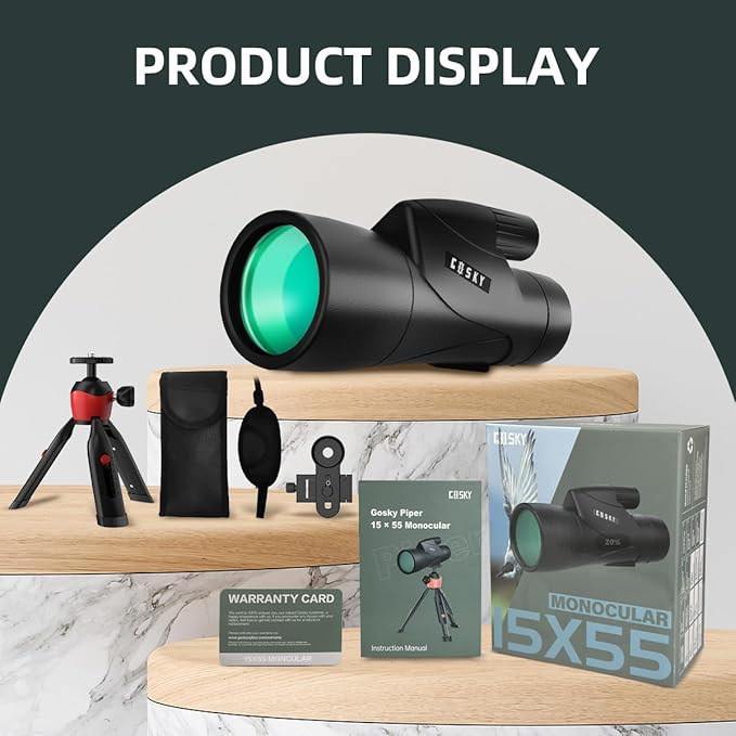 Gosky Monoculars Telescope, 15x55 HD Monocular for Adult with BAK4 Prism & FMC Lens, Lightweight Monocular with Smartphone Adapter Suitable for Bird Watching Hunting (Black)
