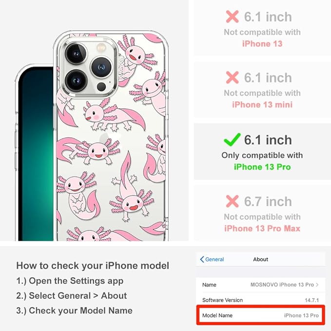 MOSNOVO Case for iPhone 13 Pro, [Buffertech 6.6ft Military-Grade Drop Protection] [Anti Peel Off Tech] Clear TPU Bumper Phone Case Cover Design - Pink Axolotl