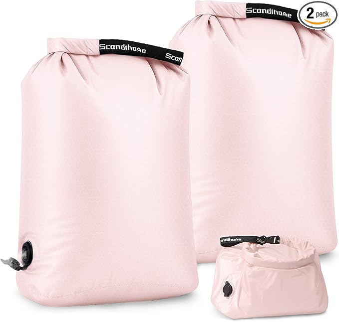 Travel Laundry Bag, Pump-Free Vacuum Compression Dirty Clothes Bag, Reusable Waterproof & Washable Laundry Bag, Wet and Dry Bag, Ideal for Suitcases, Road Trip Essentials (2 Pcs, L+L) Pink