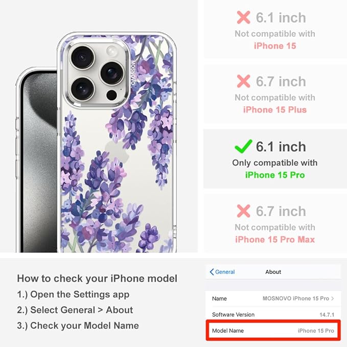 MOSNOVO Case for iPhone 15 Pro, [Buffertech 6.6ft Military-Grade Drop Protection] [Anti Peel Off Tech] Clear TPU Bumper Phone Case Cover Design - Lavender