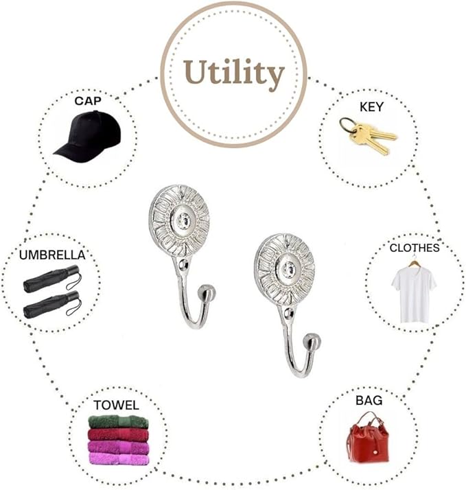 FAPBADRI Multipurpose Hooks, Used to Hang Clothes, Bags, Coats, Curtain Hold Backs, Keys, Colour - Silver, Material - Brass, Round Design, Screws and Wallplugs Included, Pack of 2 Pieces