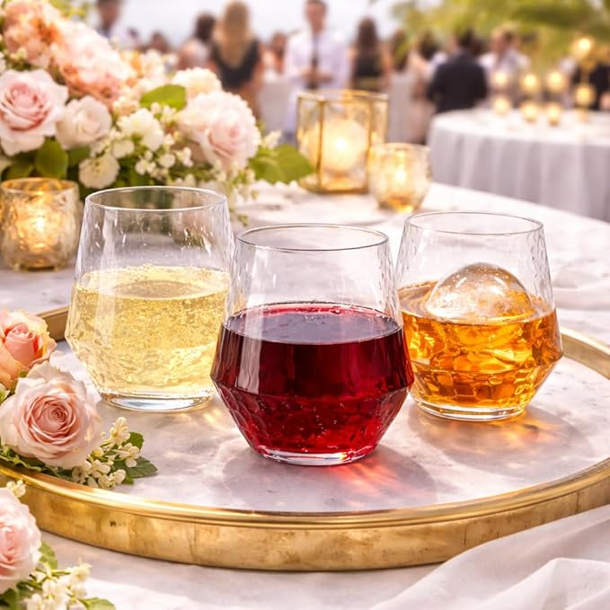 Oojami 40 count Diamond Unbreakable Stemless Plastic Wine Champagne Whiskey Glasses Elegant Durable Disposable Indoor Outdoor Ideal for Home, Office, Bars, Wedding, 12 Ounce Cups (Hammered Clear)