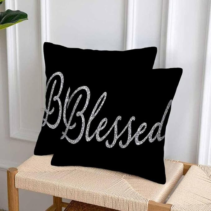 Bling Blessed White Throw Pillow Covers 18x18 Highlights Blessed Black Set of 2 Pillow Cases Square Velvet Outdoor Pillowcases Decorative for Home Bed Sofa Couch Hotel