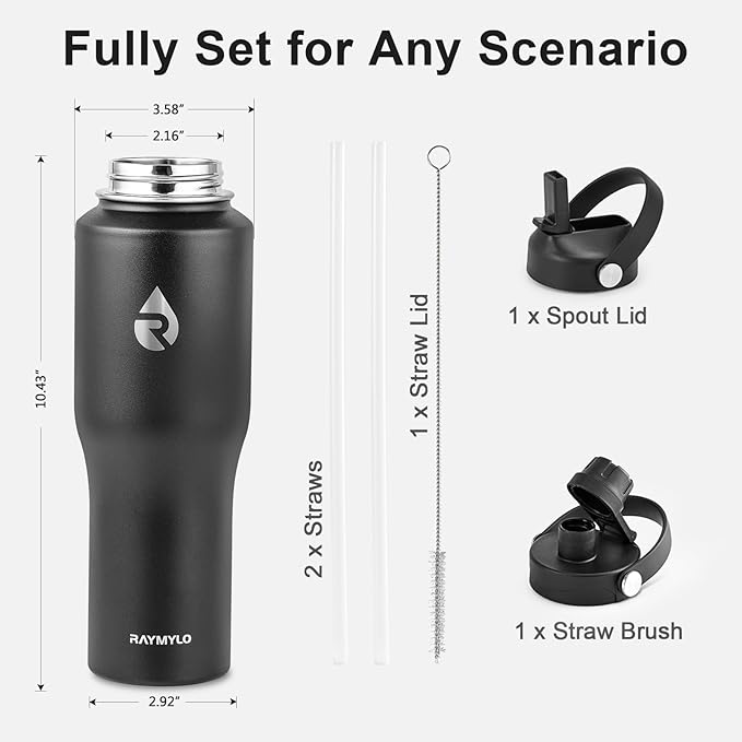 RAYMYLO 32 oz Insulated Water Bottle with Straw fit in Car Cup Holder, Triple Wall Vacuum Stainless Steel(Cold 48 hrs, Hot 24 hrs), Leakproof & Non-BPA, Hydro Travel Flask with Straw and Spout Lid