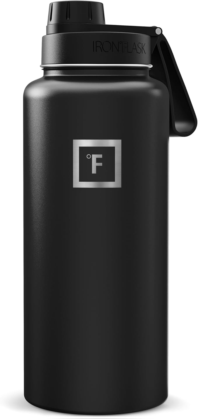 IRON °FLASK Camping & Hiking Hydration Flask with Spout, Wide Mouth Insulated Stainless Steel Sports Water Bottle - Midnight Black 32 oz - Spout (1 Lid)