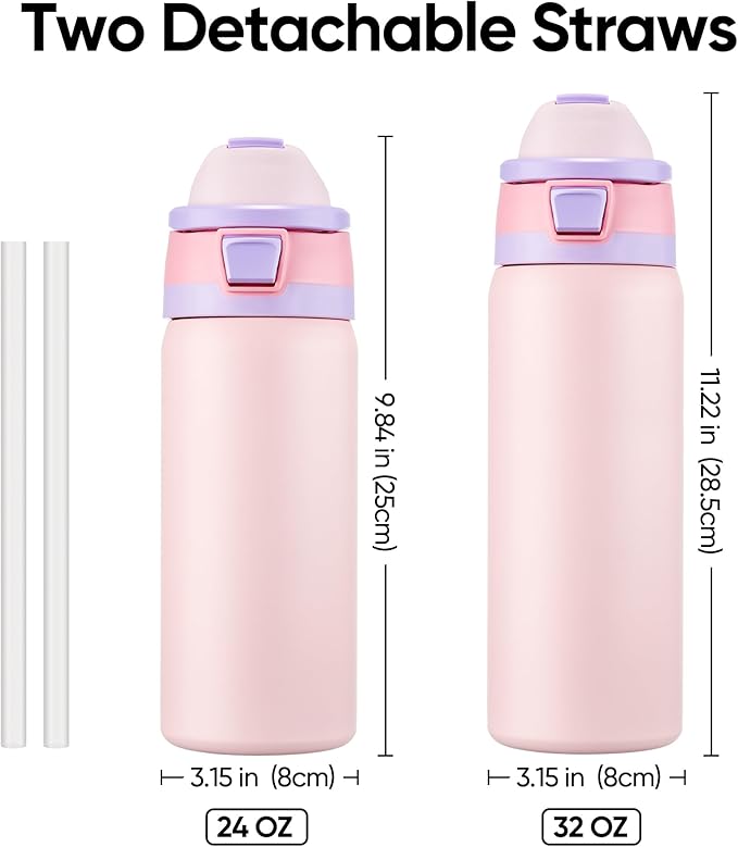 Fijinhom 24 oz Insulated Water Bottle with 2-in-1 Straw and Spout Lid, Stainless Steel Double Wall Vacuum Flask, Sports Water Bottle Keeps Cold 24H, Leak Proof for Gym, Outdoor, Travel (Pink)