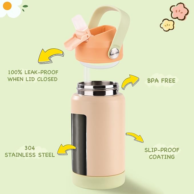 Kerilyn 12oz Kids Water Bottle 2 Pack, Stainless Steel Insulated Water Bottle Bulk, Toddler Cups with Straws Leak-Proof, Kids Water Bottles for School Boys Girls, BPA Free, Cantaloupe + Yellow
