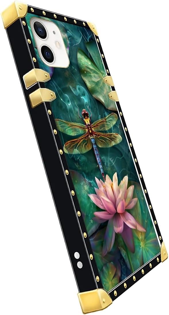 Compatible with iPhone 11 Case, Colourful Dragonfly Pink Lily Pads Luxury Golden Decoration for Girl Women Soft TPU Shockproof Protective Hard PC Back for iPhone 11