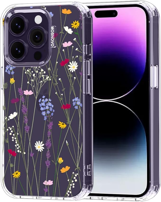 MOSNOVO Case for iPhone 14 Pro, [Buffertech 6.6ft Military-Grade Drop Protection] [Anti Peel Off Tech] Clear TPU Bumper Phone Case Cover Design - Floral Garden