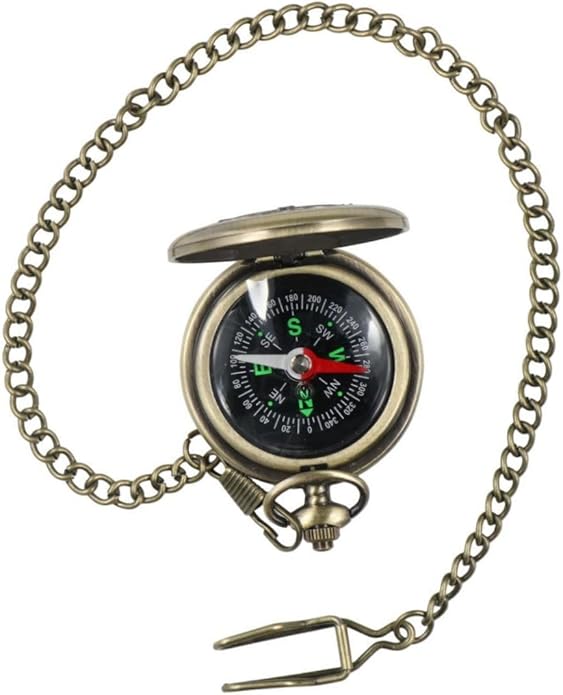 Pocket Compass with Hanging Chain, Vintage Zinc Alloy Flip Cover Compass Pocket Watch, Outdoor Mountaineering Navigation Tool for Hiking Camping