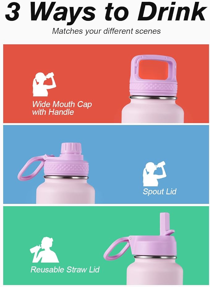 Coolflask Water Bottle 40 oz Insulated with Straw, Stainless Steel Metal 3 Lids Water Flask for Sports or Office, Keep Cold 48H Hot 24H, Pink