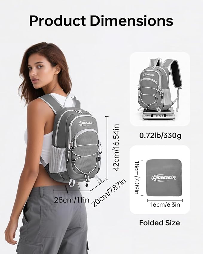 CROSSGEAR Packable Hiking Backpack, 24L RFID Lightweight Foldable Daypack, Nylon Fabric, Multiple Pocket, Water-Resistant for Men Women Travel Outdoor, Gray