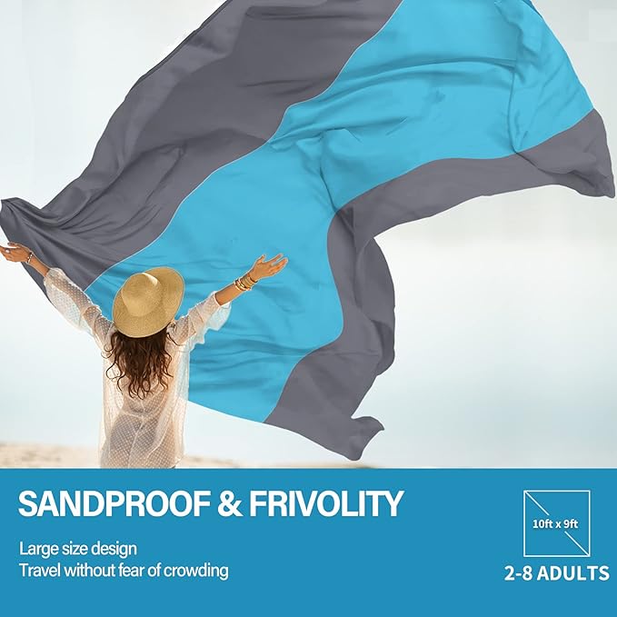 Famstar Beach Blanket Oversized Extra Large 10'X 9',Waterproof Sandproof Beach Blanket 2-8 Adults Lightweight Durable for Travel Camping Hiking Picnic (10'X 9', Blue&Grey)