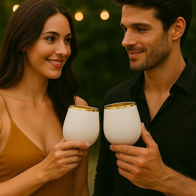 Oojami 40 count Unbreakable Stemless Plastic Wine Champagne Whiskey Glasses Elegant Durable Disposable Indoor Outdoor Ideal for Home, Office, Bars, Wedding, 12 Ounce Cups Gold Rim (White Matte Gold)