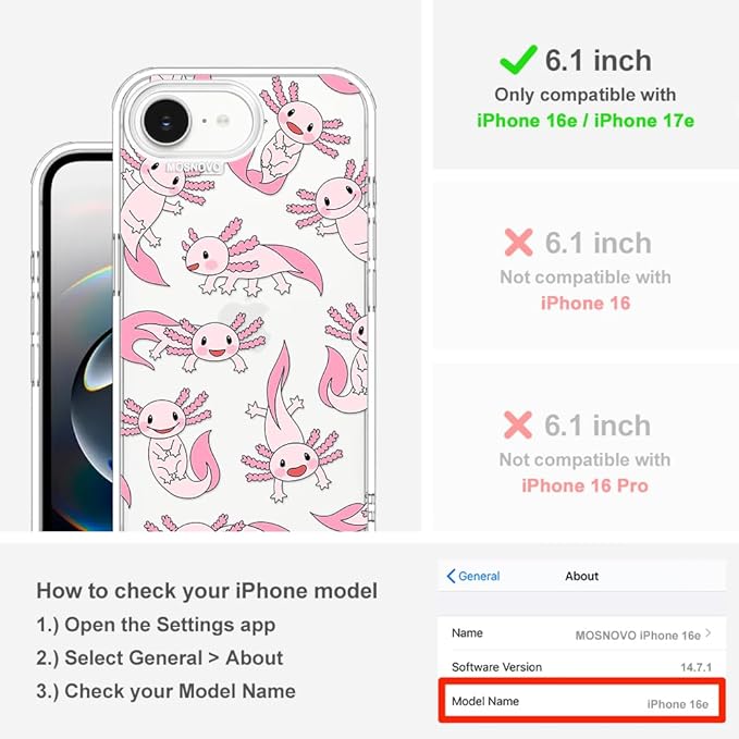 MOSNOVO for iPhone 17e Case/iPhone 16e Case, Shockproof Military-Grade Protection 6.6ft Drop Tested, Clear Phone Case for iPhone 16e / iPhone 17e, Pink Axolotl Design