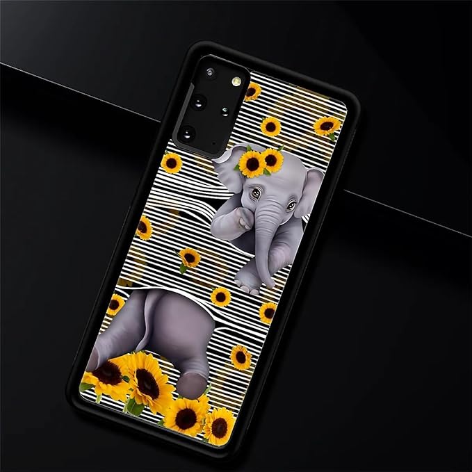 for Samsung Galaxy S20 Plus Case, Cute Little Elephant Sunflower White Line Art Pattern Graphic Design Soft Silicone Hard Acrylic Shock Protection for Samsung Galaxy S20 Plus