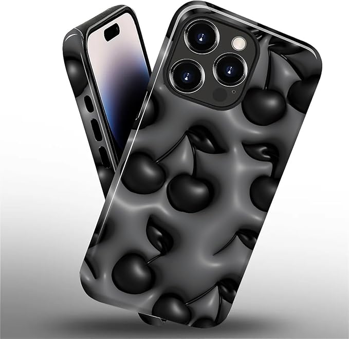 for iPhone 14 Pro Case,HL2 Cute Cool Cherry Black Hybrid 2 Layer Hard Shell Silicone Protective Pattern Design Case