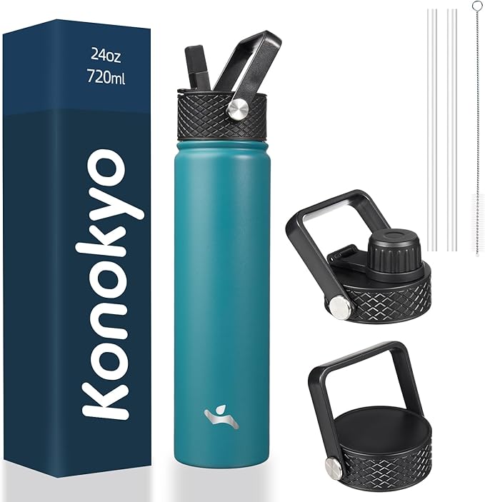 Konokyo Insulated Water Bottle 24oz Stainless Steel Sport Bottles with 3 Lids,Light Blue