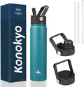 Konokyo Insulated Water Bottle 24oz Stainless Steel Sport Bottles with 3 Lids,Light Blue