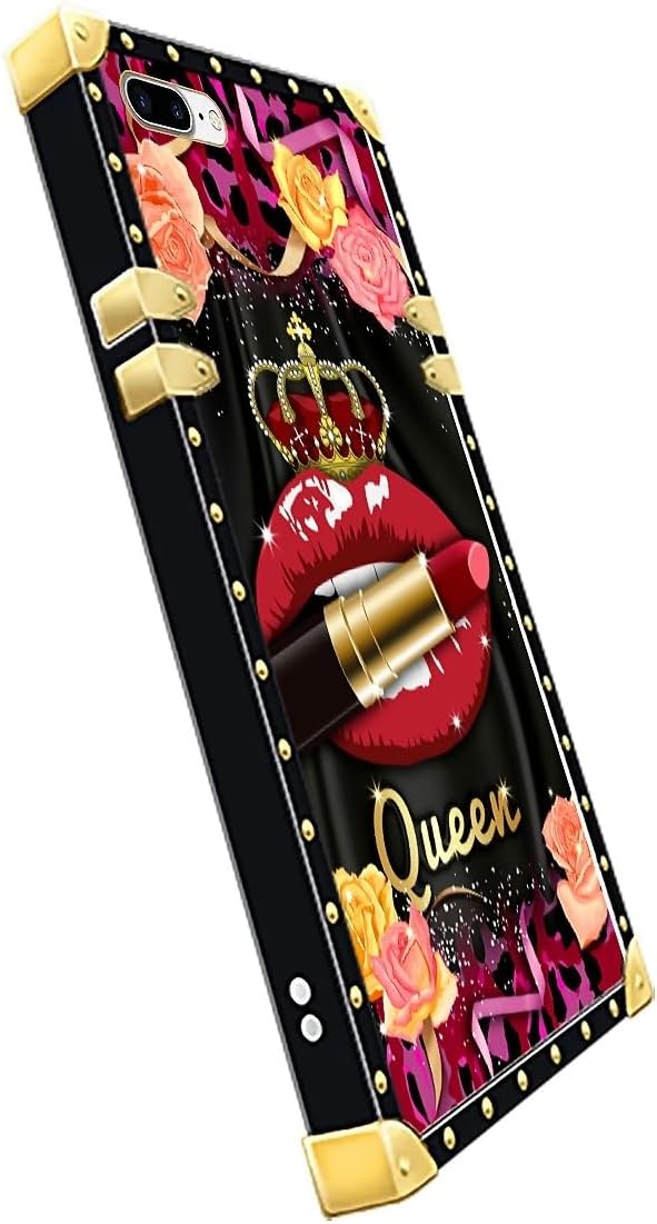 Compatible with iPhone 8 Plus 7 Plus Case, Queen Lip Crown Leopard Print Luxury Golden Decoration for Girl Women Soft TPU Shockproof Protective Hard PC Back for iPhone 8 Plus 7 Plus