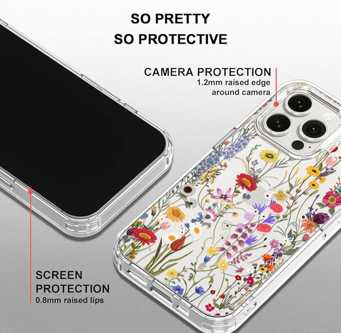 MOSNOVO Case for iPhone 15 Pro Max, [Buffertech 6.6ft Military-Grade Drop Protection] [Anti Peel Off Tech] Clear TPU Bumper Phone Case Cover Design - Wildflower Meadow