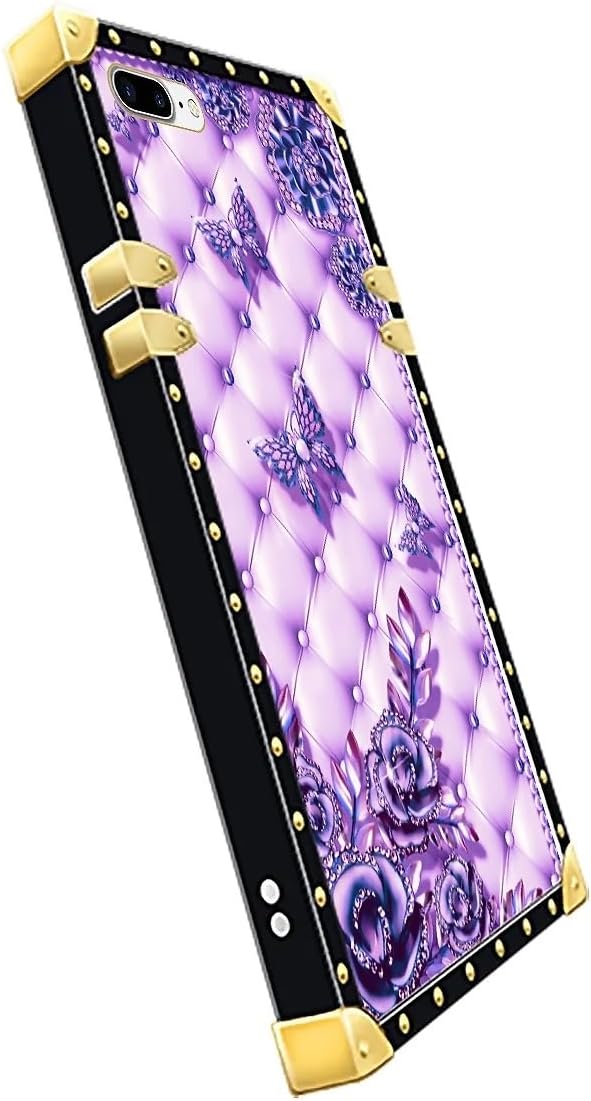 Compatible with iPhone 8 Plus 7 Plus Case, Purple Butterfly Flowers Leaf Luxury Golden Decoration for Girl Women Soft TPU Shockproof Protective Hard PC Back for iPhone 8 Plus 7 Plus