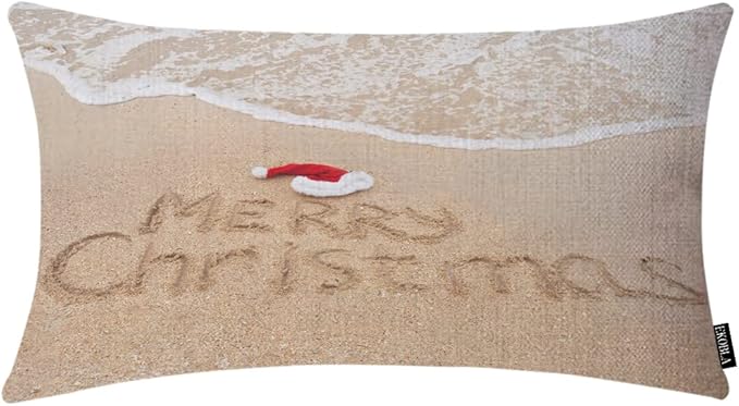 EKOBLA Merry Christmas Decorative Pillow Cushion Covers Xmas Quote Written On Tropical Beach Sand Oblong Rectangle Throw Pillow Cases for Sofa Bed Couch Cotton Linen 12x20 Inches