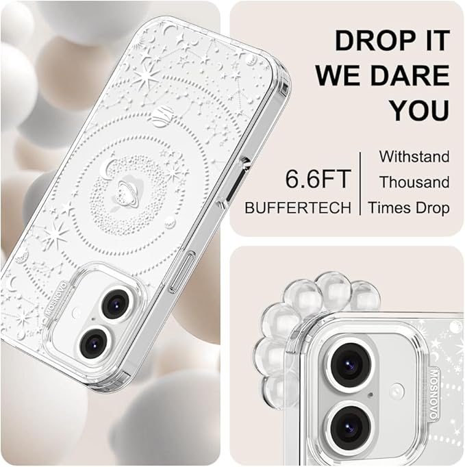 MOSNOVO Case for iPhone 16 Plus, [Buffertech 6.6ft Military-Grade Drop Protection] [Anti Peel Off Tech] Clear TPU Bumper Phone Case Cover Design - Galaxy