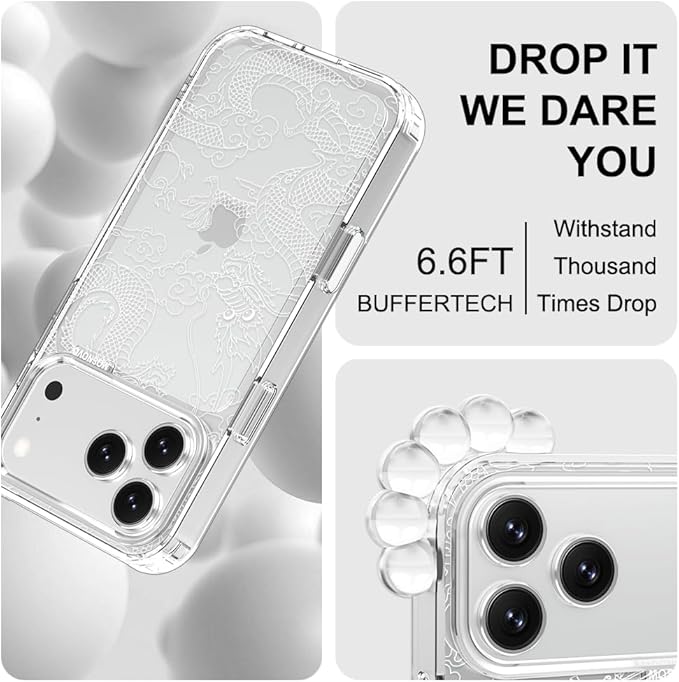 MOSNOVO for iPhone 17 Pro Max Case | Military Grade 6.6ft Drop Tested | Camera Control | Clear with White Dragon Design