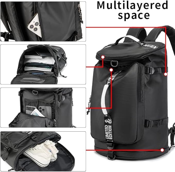 Gym Duffle Bag Waterproof black Laptop Backpack Suitable for Hiking, Fishing, Travel 40L Large Capacity Trendy Cool Lightweight Backpack for Men and Women (Black)…