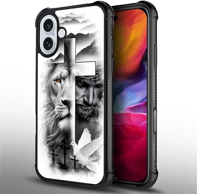 for iPhone 16 Plus Case, Lion Cross Jesus Christ Dove Pattern Graphic Design Girl Boy Soft Silicone Hard Acrylic Shock Protection for iPhone 16 Plus