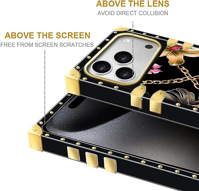 for iPhone 17 Pro Max Case Luxury Golden Decoration for Girl Women Soft TPU Shockproof Protective Hard PC Back for iPhone 17 Pro Max Crazy Pattern Pink Golden Chain Tropical Flower