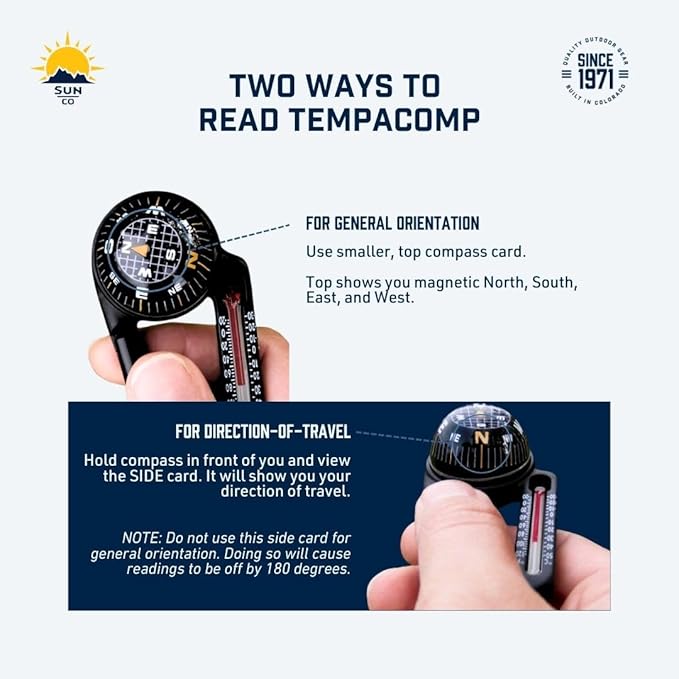 Sun Company TempaComp - Ball Compass and Thermometer Carabiner | Hiking, Backpacking, and Camping Accessory | Clip On to Pack, Parka, or Jacket