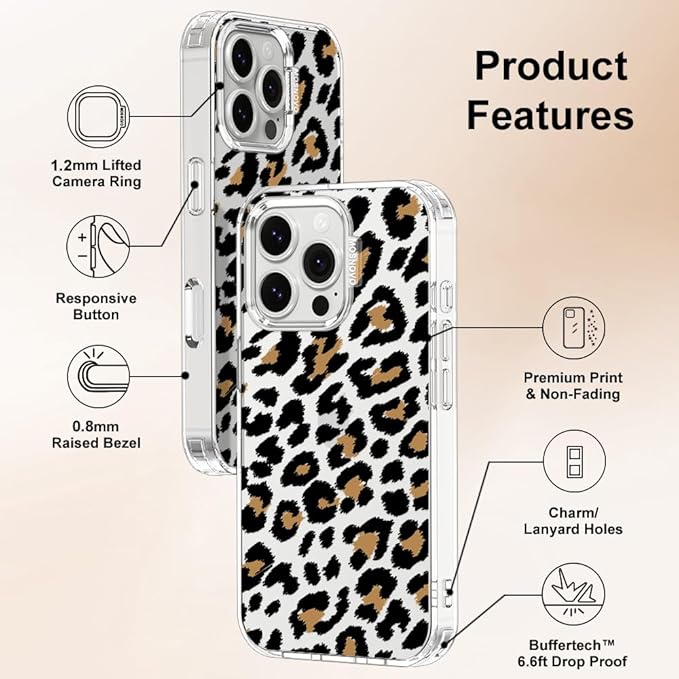 MOSNOVO Case for iPhone 16 Pro, [Buffertech 6.6ft Military-Grade Drop Protection] [Anti Peel Off Tech] Clear TPU Bumper Phone Case Cover Design - Leopard Print