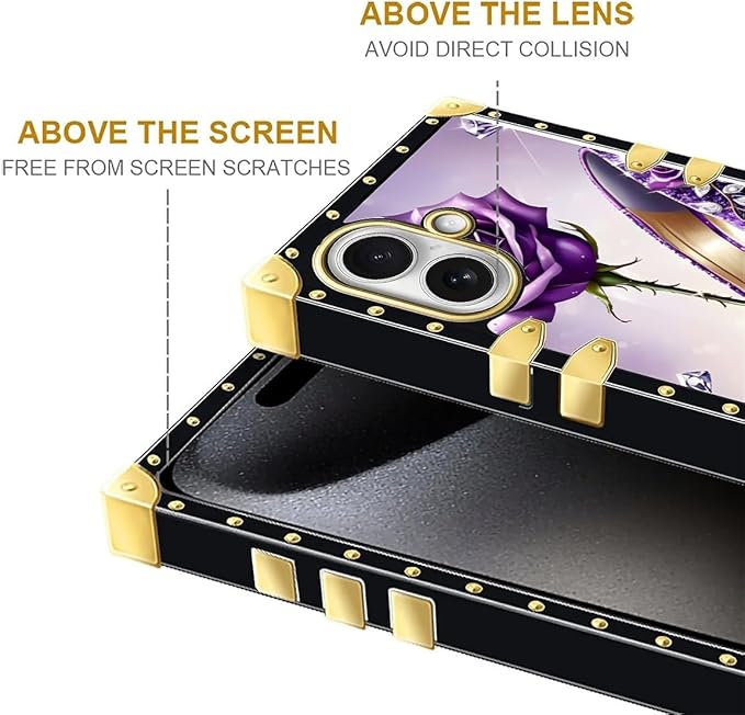 for iPhone 17 Case Luxury Golden Decoration for Girl Women Soft TPU Shockproof Protective Hard PC Back for iPhone 17 Crazy Pattern High Heeled Purple Diamond Rose