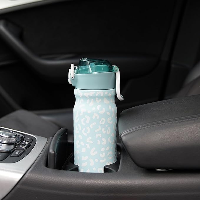 BJPKPK Insulated Water Bottle 18oz Stainless Steel Water Bottles with Straw and Carry Handle Double Wall Metal Thermal Flask,Light Blue Leopard