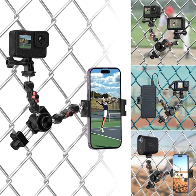 SUREWO Aluminum Fence Mount for Go pro,iPhone, Phone, DJI Osmo Action 4/3/2, Insta360,Mevo Start for Baseball Softball Tennis Recording, Cameras Net Chain Link Fence Clip Mount Holder