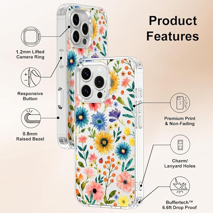MOSNOVO for iPhone 16 Pro Max Case, Shockproof Military-Grade Protection 6.6ft Drop Tested, Clear Phone Case for iPhone 16 Pro Max, Wildflower Bloom Design