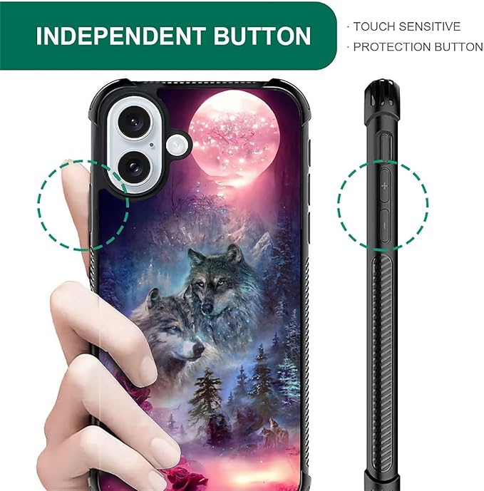 for iPhone 16 Plus Case, Star Two Wolfs Howling Pattern Graphic Design Girl Boy Soft Silicone Hard Acrylic Shock Protection for iPhone 16 Plus