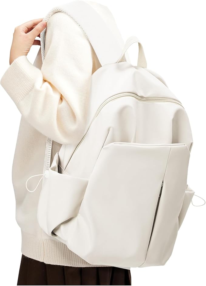 SEAFEW Beige School Backpack for Girls Women Waterproof High School Book Bag Cute Backpack for Men Teens Boys, Lightweight Simple Middle School Back Pack Daypack