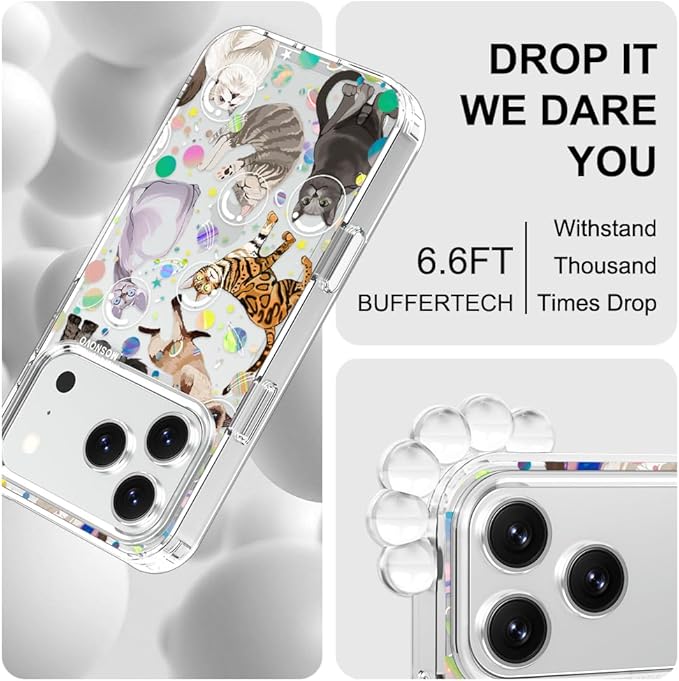 MOSNOVO for iPhone 17 Pro Case | Military Grade 6.6ft Drop Tested | Camera Control | Clear with Space Cat Design