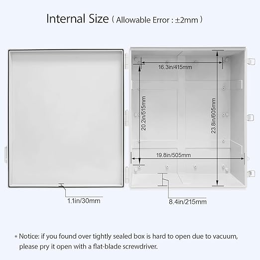 LeMotech Electrical Box, IP67 Waterproof Hinged Cover Stainless Steel Latch Junction Box, ABS Plastic Electrical Enclosure with Mounting Plate,Wall Brackets, Cable Glands,24.8"x20.8"x9.8",Grey