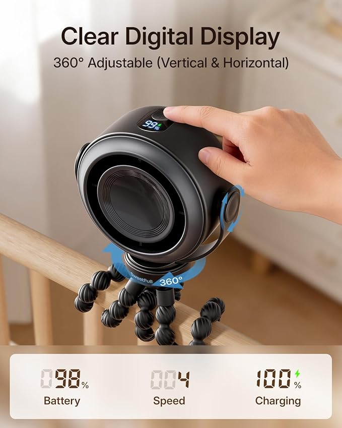 SWEETFULL Portable Stroller Fan, Pinch-Proof Baby Fan, 10H Battery, 5-Speed Quiet Mini Clip on Fan, USB-C Rechargeable with LED Display for Car Seat, Crib & Travel - Black