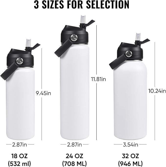 Fijinhom 32oz Insulated Stainless Steel Water Bottle, Wide Mouth Double Wall Vacuum, Silicone Straw, Sweat & Leak Proof, BPA Free Insulated Water Flask for Travel, Keep Cold 24h Hot 12h, White