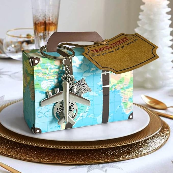 50 Set World Map Mini Suitcase Favor Boxes Party Favor Candy Box with Airplane Keychains Travel Ticket and Burlap Twine for Travel Themed Party, Bridal Shower, Wedding Decorations