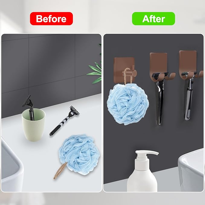 CGBE 4 Pack Shower Hooks - Self Adhesive Shaver Holder Hanger for Bathroom, Damage Free Wall Hooks for Razor, Loofah Sponge - Brown