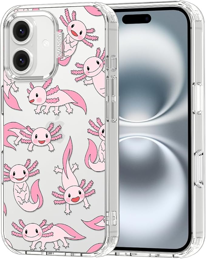MOSNOVO Case for iPhone 16 Plus, [Buffertech 6.6ft Military-Grade Drop Protection] [Anti Peel Off Tech] Clear TPU Bumper Phone Case Cover Design - Pink Axolotl