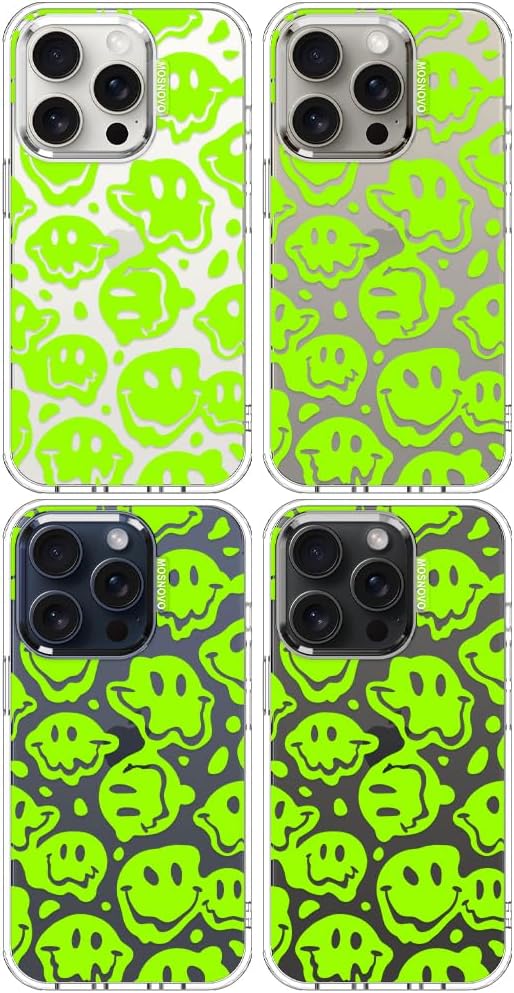 MOSNOVO Case for iPhone 15 Pro, [Buffertech 6.6ft Military-Grade Drop Protection] [Anti Peel Off Tech] Clear TPU Bumper Phone Case Cover Design - Distorted Green Smiles Face