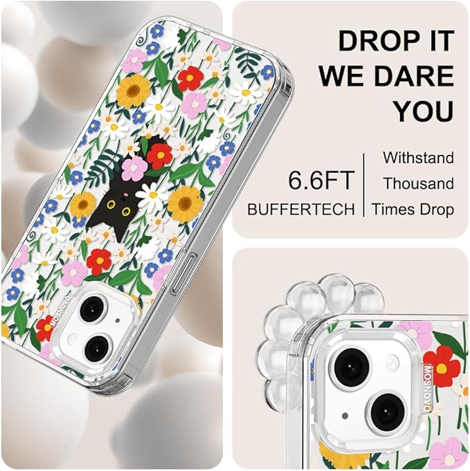MOSNOVO for iPhone 13/14 Case | Military Grade 6.6ft Drop Tested | Clear with Black Cat in Garden Design