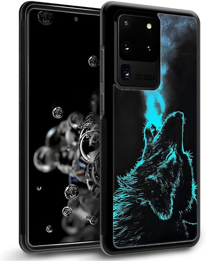 for Samsung Galaxy S20 Ultra Case, Blue Breathing Wolf Pattern Graphic Design Girl Boy Soft Silicone Hard Acrylic Shock Protection for Samsung Galaxy S20 Ultra